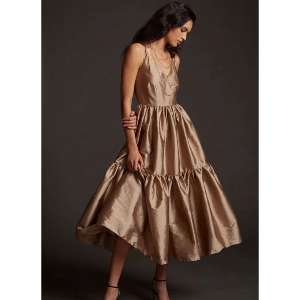 BLONI Anthropologie Taupe Bronze Shimmer Tiered Maxi Dress XS